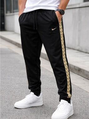 Men's Black Track Pants with Gold Accents Size Large